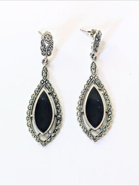 CHARLES WINSTON  Sterling Silver Vintage Black Onyx & Marcasite Dangle Earrings